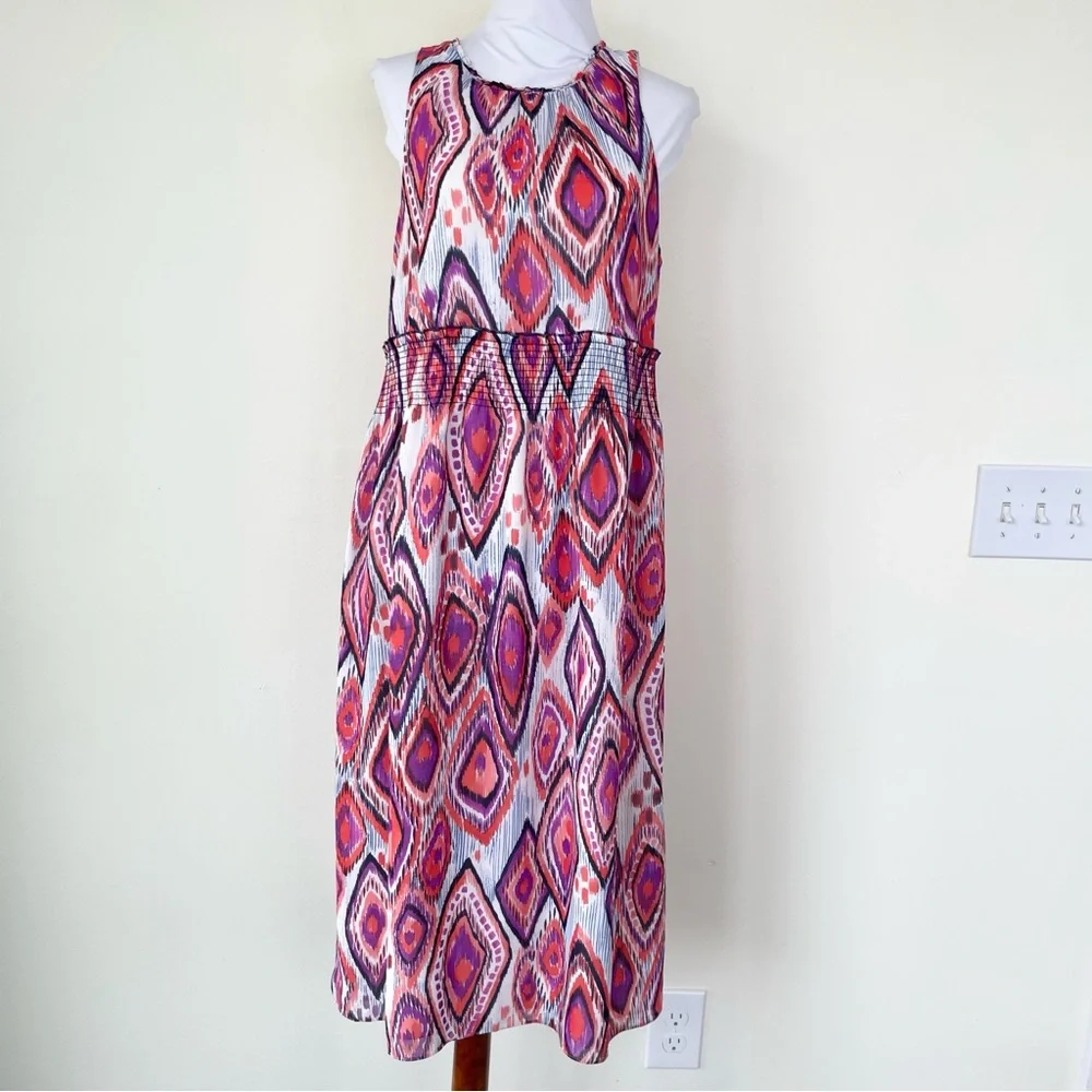 Trina Turk Mao Printed Purple Pink Smocked Midi Dress Mock Neck Sleeveless 4